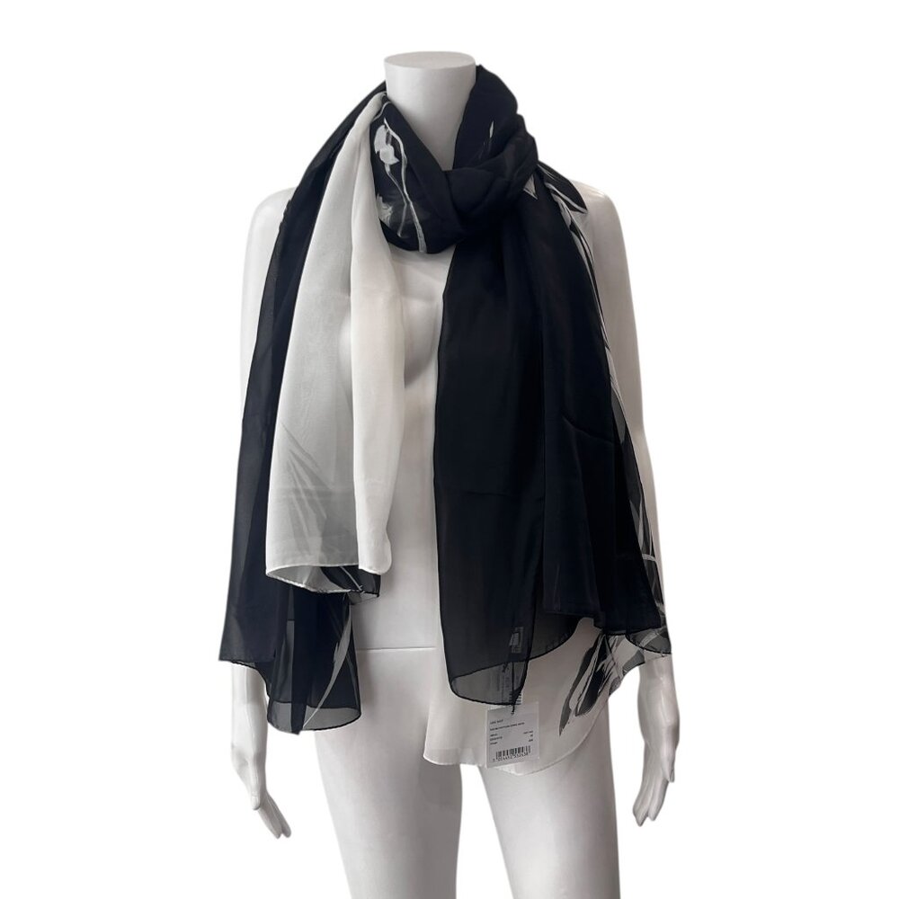 $695 NWT Eskandar Black White Floarl Reverse Chiffon Large Silk Scarf